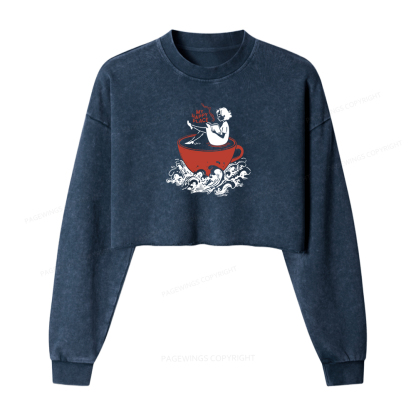 Pagewings Coffee And Books Washed Crop Sweatshirt