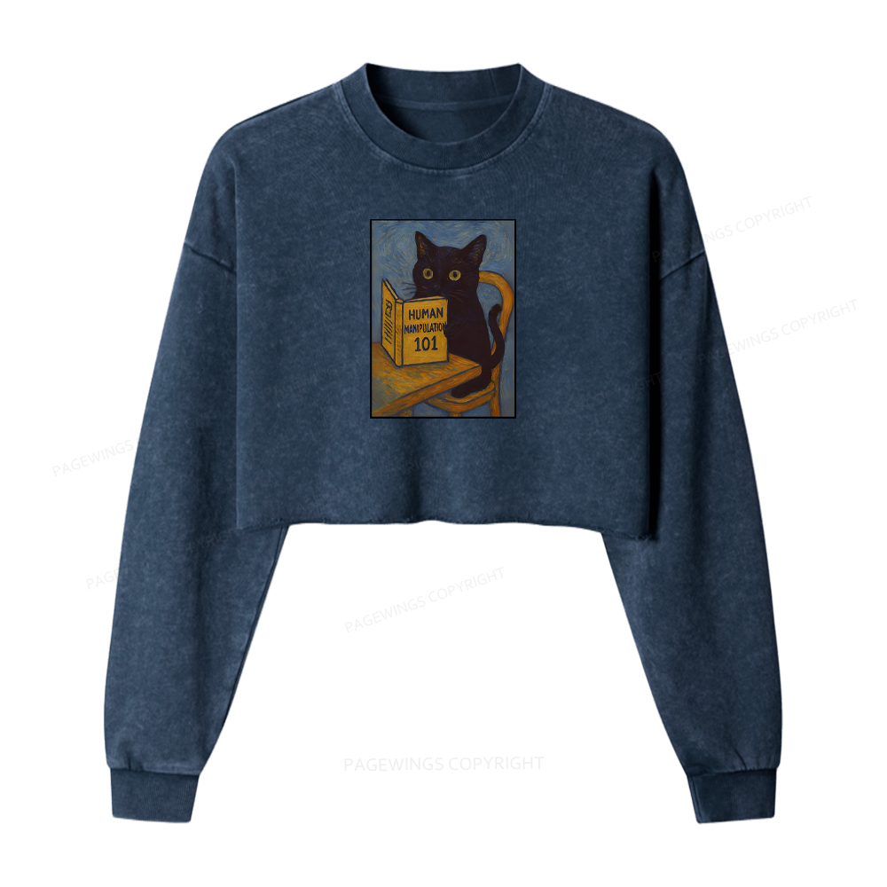Pagewings Funny Cat Washed Crop Sweatshirt