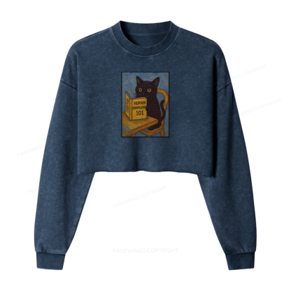Pagewings Funny Cat Washed Crop Sweatshirt