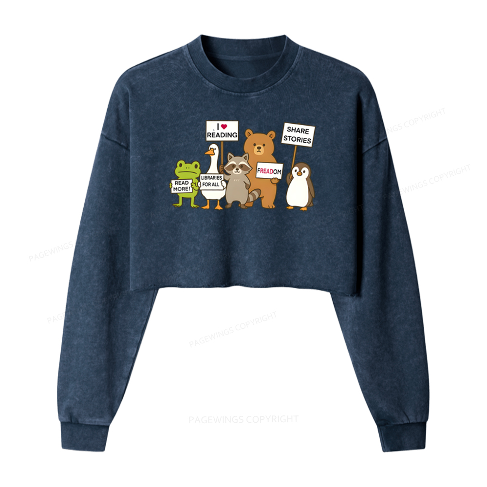 Pagewings Animals Protest Washed Crop Sweatshirt