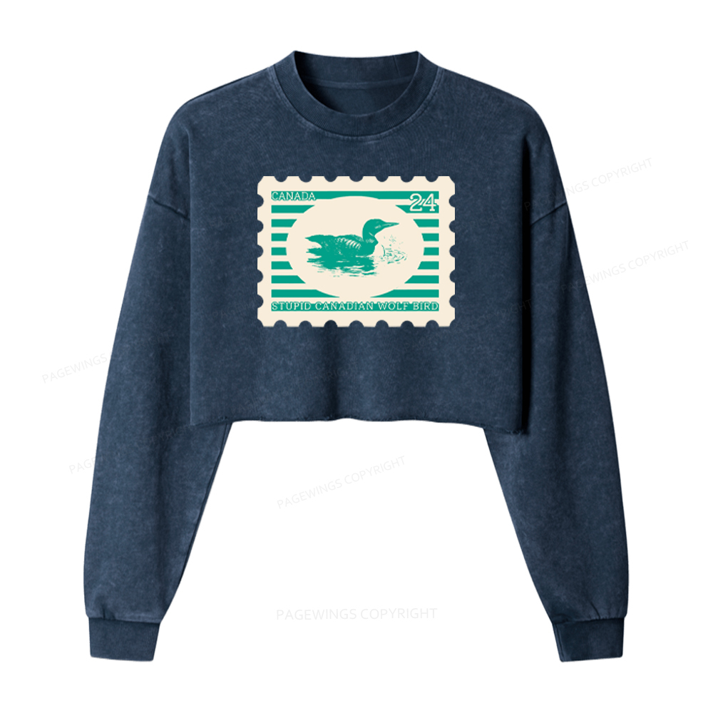 Pagewings Stupid Canadian Wolf Bird Washed Crop Sweatshirt