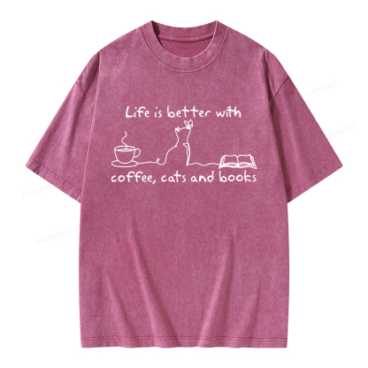 Pagewings Life Is Better With Coffee Cats And Books Unisex Washed T-shirt