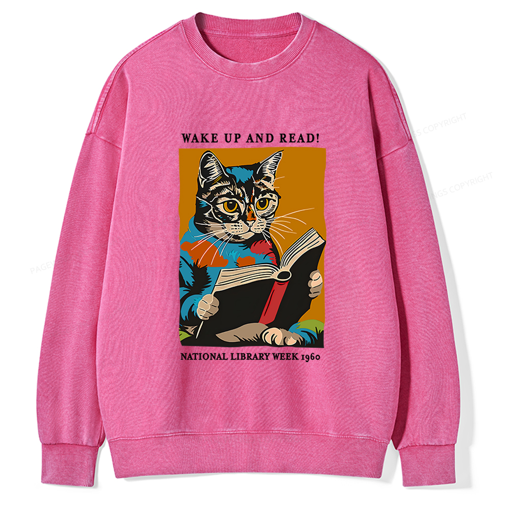 Pagewings Cat Reading Poster Unisex Washed Sweatshirt