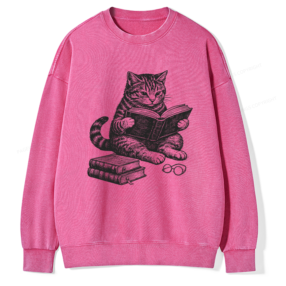 Pagewings Cat Reading Book Unisex Washed Sweatshirt