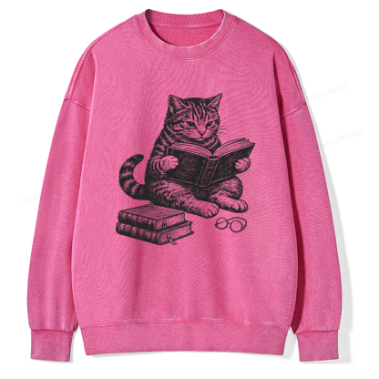 Pagewings Cat Reading Book Unisex Washed Sweatshirt