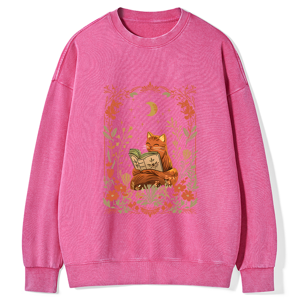 Pagewings Cat Wildflower Book Reading Unisex Washed Sweatshirt