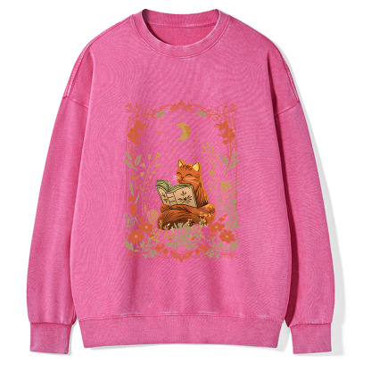 Pagewings Cat Wildflower Book Reading Unisex Washed Sweatshirt