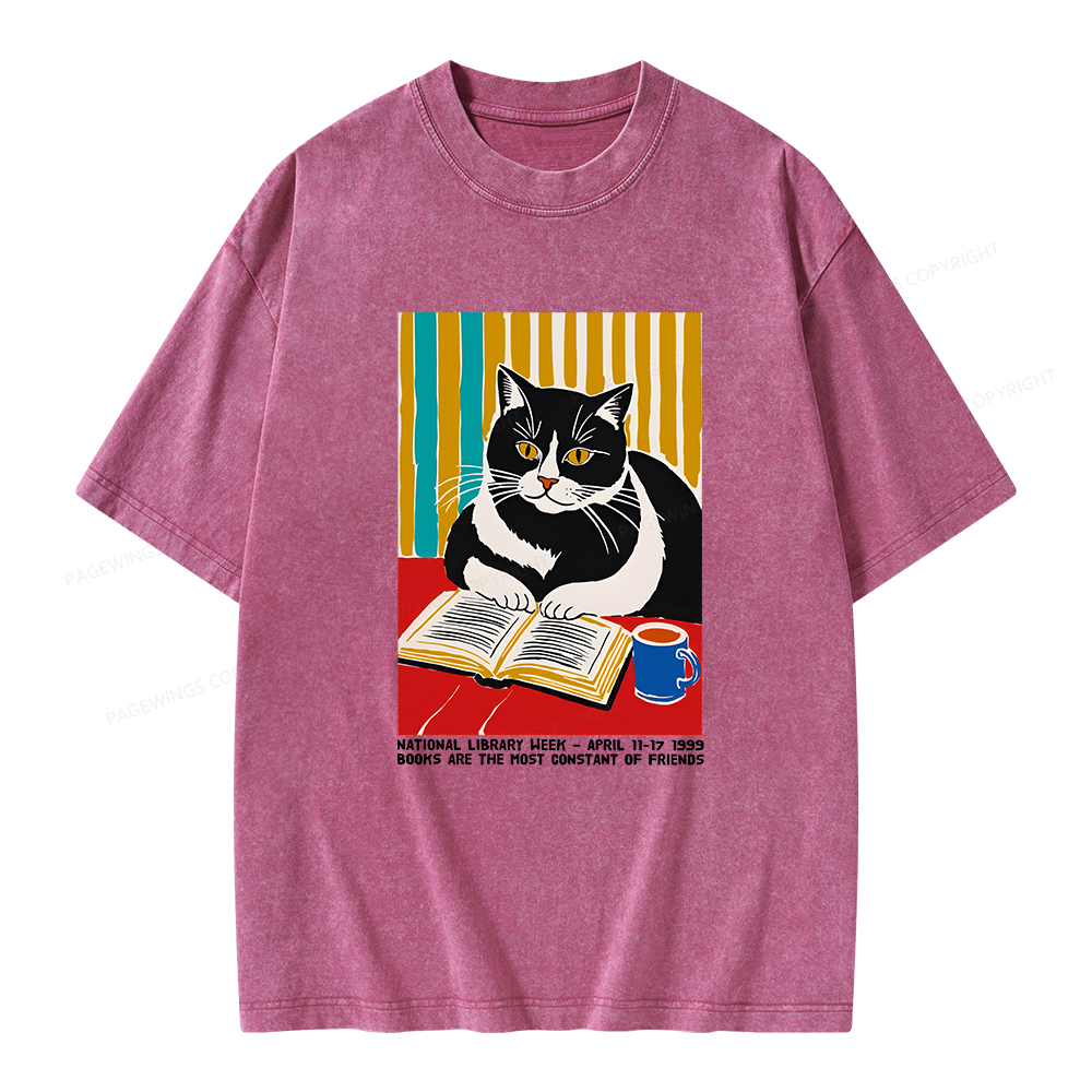 Pagewings Ational Library Week Cat Poster Unisex Washed T-shirt
