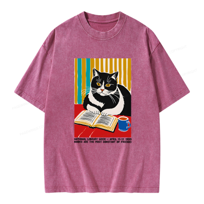 Pagewings Ational Library Week Cat Poster Unisex Washed T-shirt