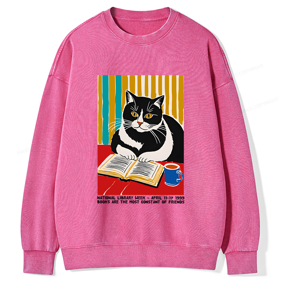 Pagewings Ational Library Week Cat Poster Unisex Washed Sweatshirt