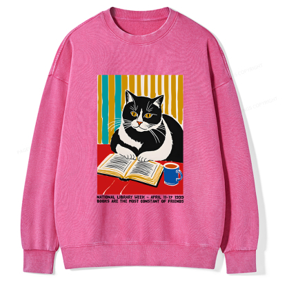 Pagewings Ational Library Week Cat Poster Unisex Washed Sweatshirt