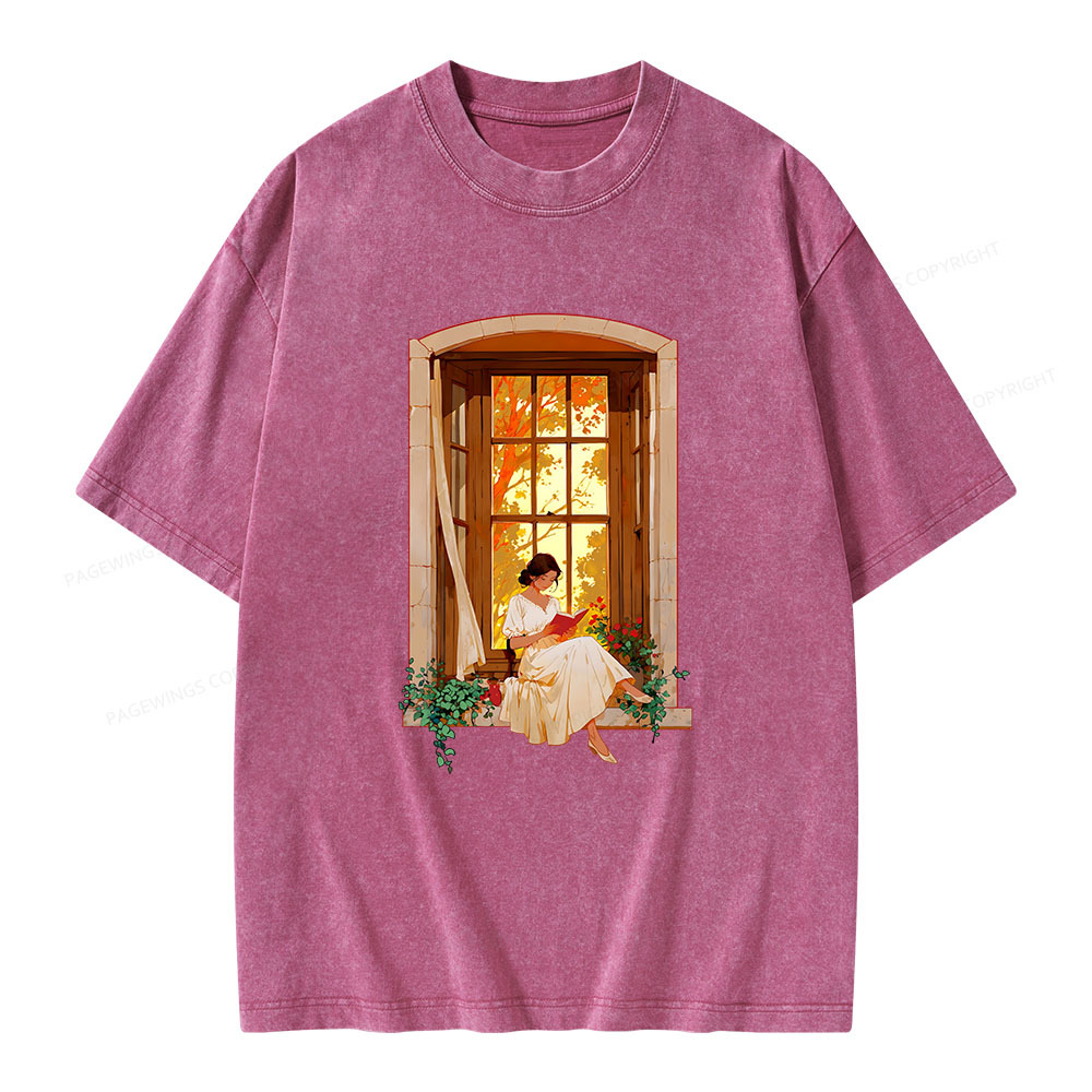 Pagewings Book Lovers Reading By The Window  Unisex Washed T-shirt