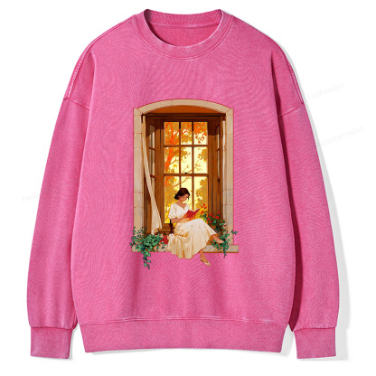 Pagewings Book Lovers Reading By The Window Unisex Washed Sweatshirt