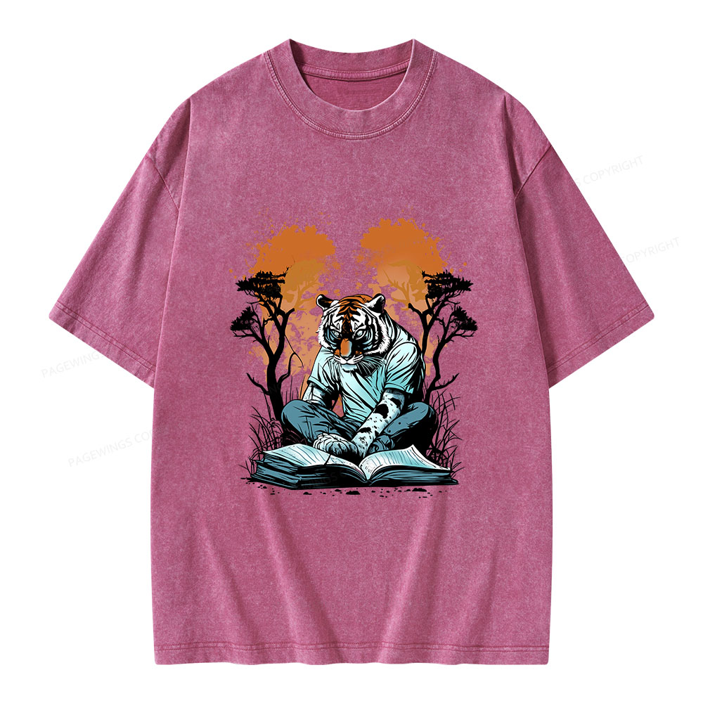 Pagewings Tiger Reading A Book Unisex Washed T-shirt