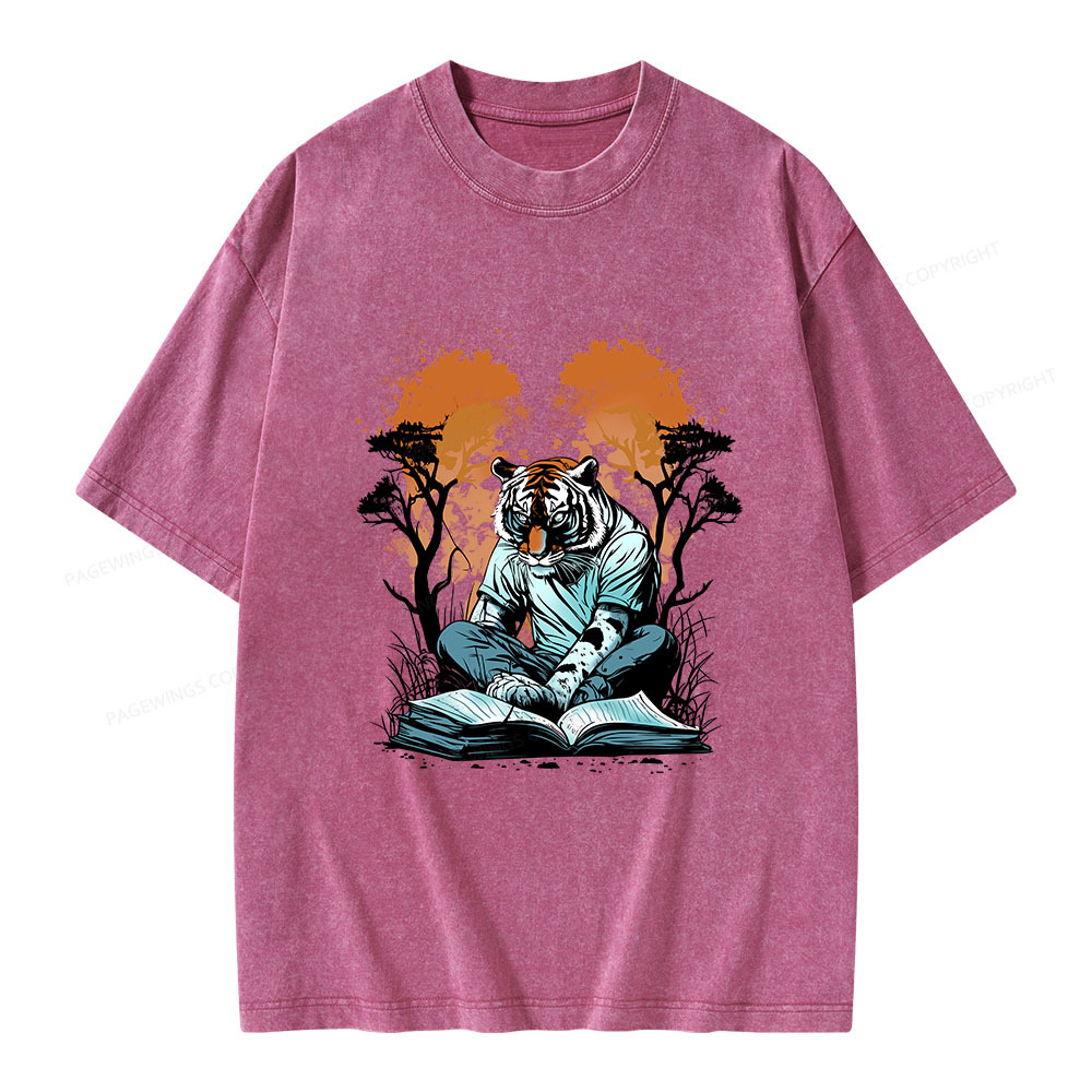 Pagewings Tiger Reading A Book Unisex Washed T-shirt