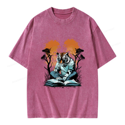 Pagewings Tiger Reading A Book Unisex Washed T-shirt