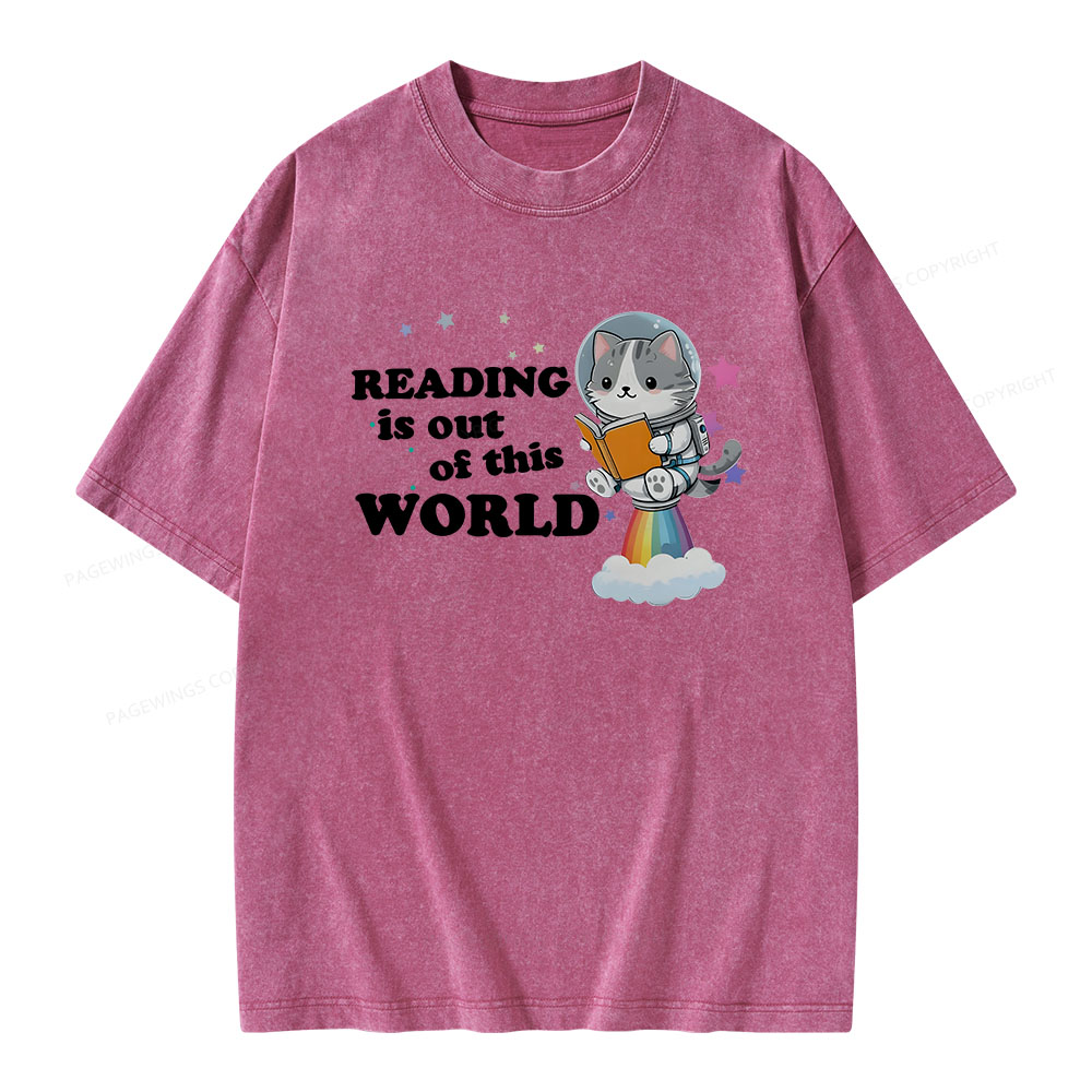 Pagewings Cat Reading in Space Unisex Washed T-shirt