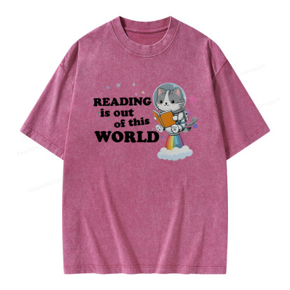 Pagewings Cat Reading in Space Unisex Washed T-shirt