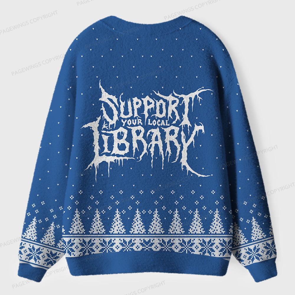 Pagewings Support Your Local Library Unisex Ugly Cardigan Sweaters