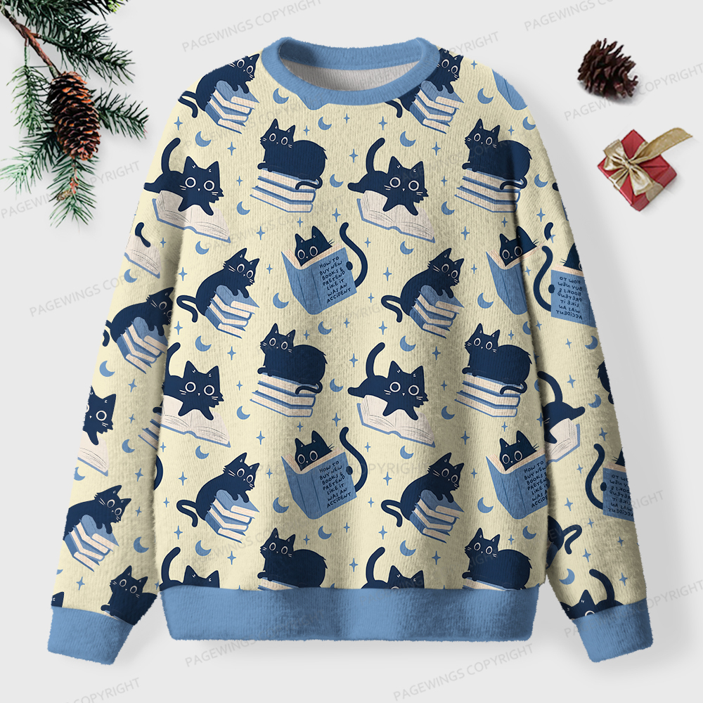 Pagewings Cat Reading Unisex Ugly Knit Sweatshirt
