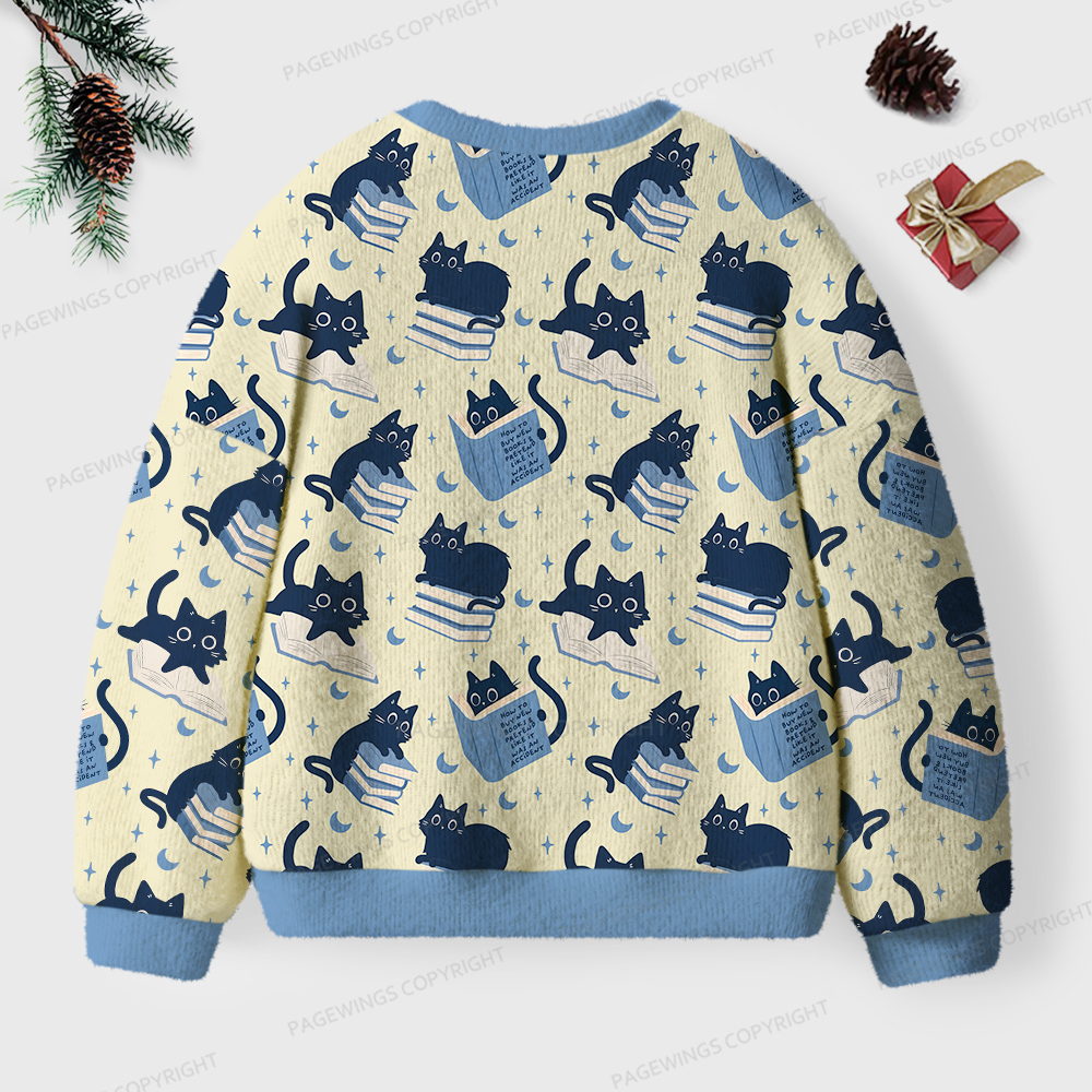Pagewings Cat Reading Unisex Ugly Knit Sweatshirt