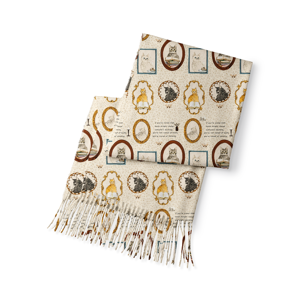 Pagewings Cat Reading Long Fringe Scarf