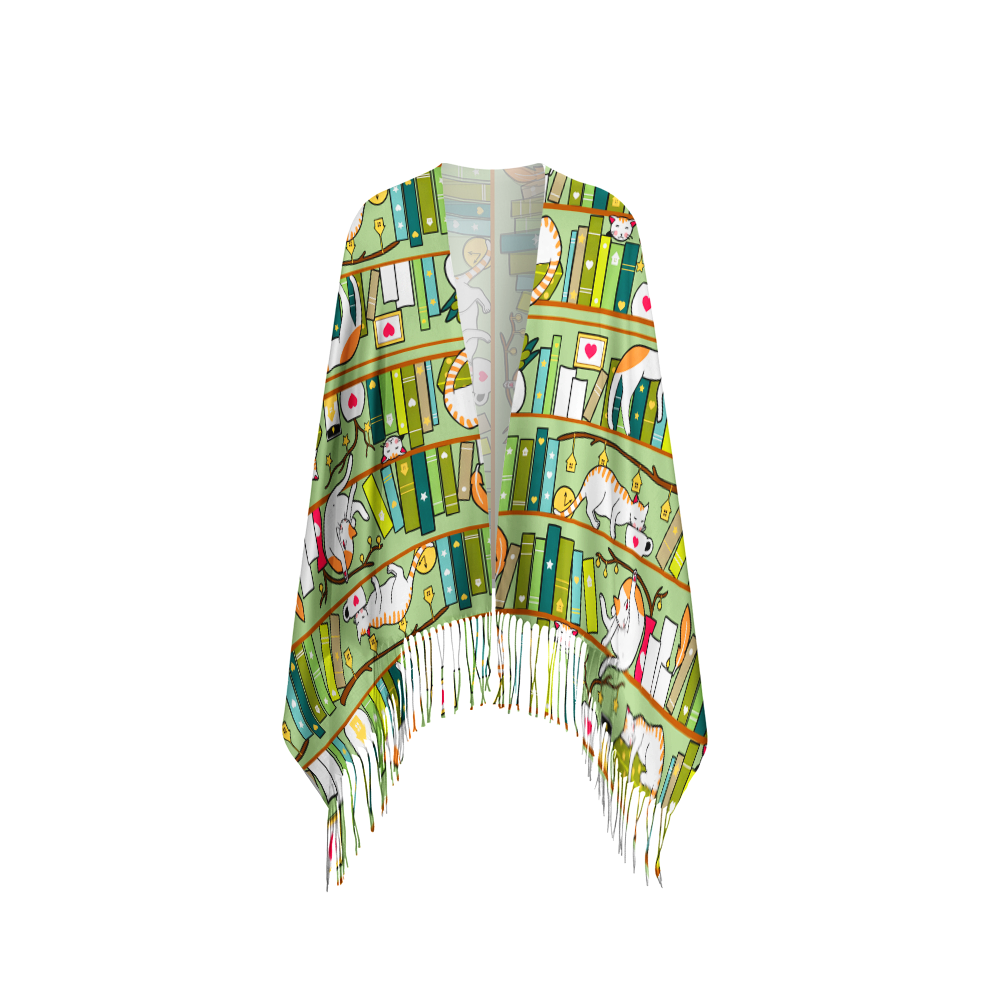 Pagewings Cat Reading Long Fringe Scarf