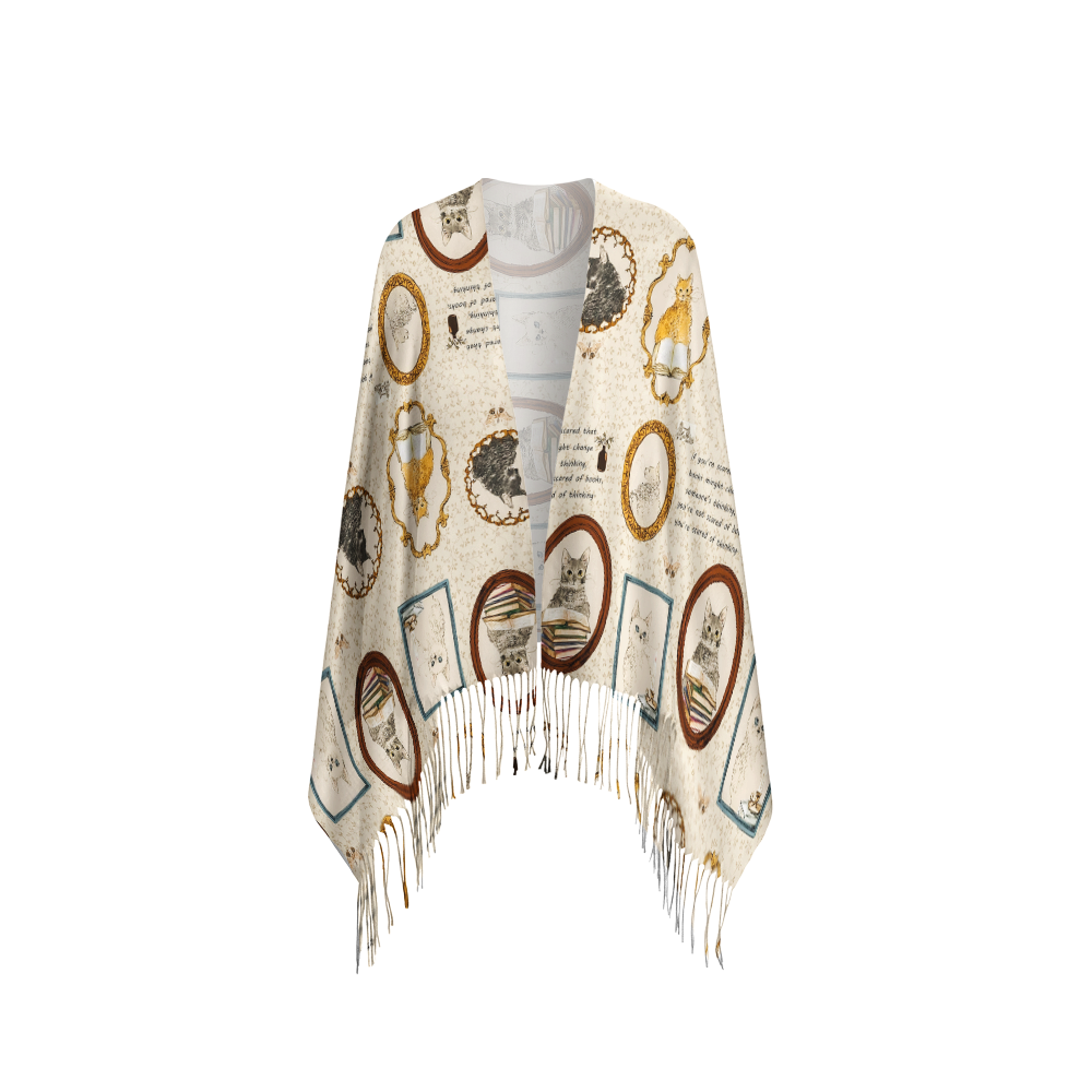 Pagewings Cat Reading  Long Fringe Scarf 