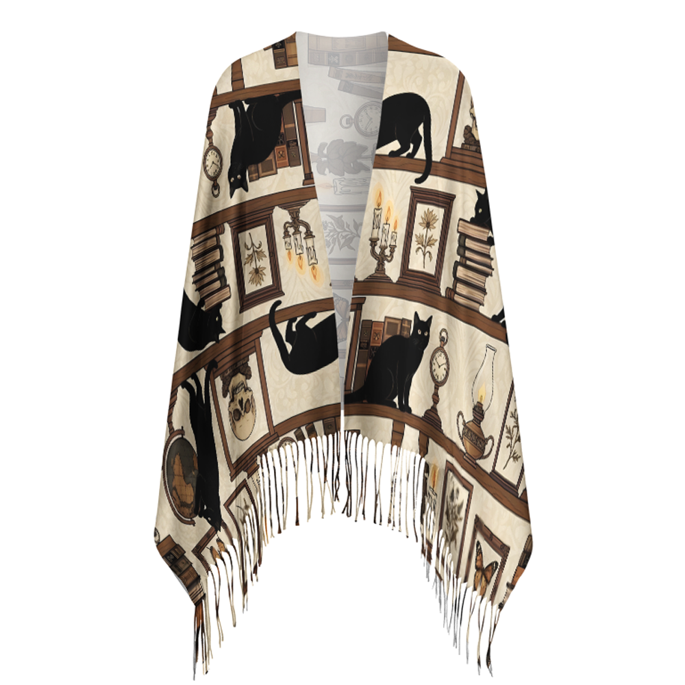 Pagewings Cat Reading Long Fringe Scarf