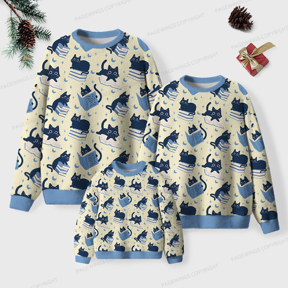 Pagewings Cat Reading Unisex Ugly Knit Sweatshirt