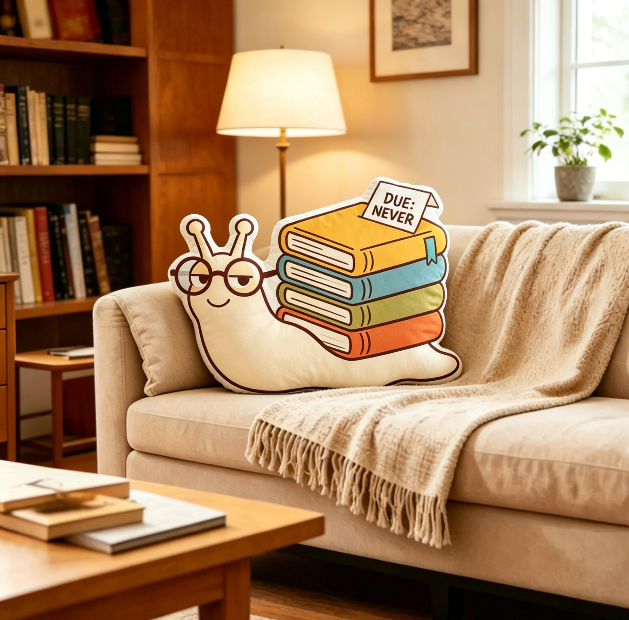 Pagewings Snail Loves Reading Shaped Throw Pillow