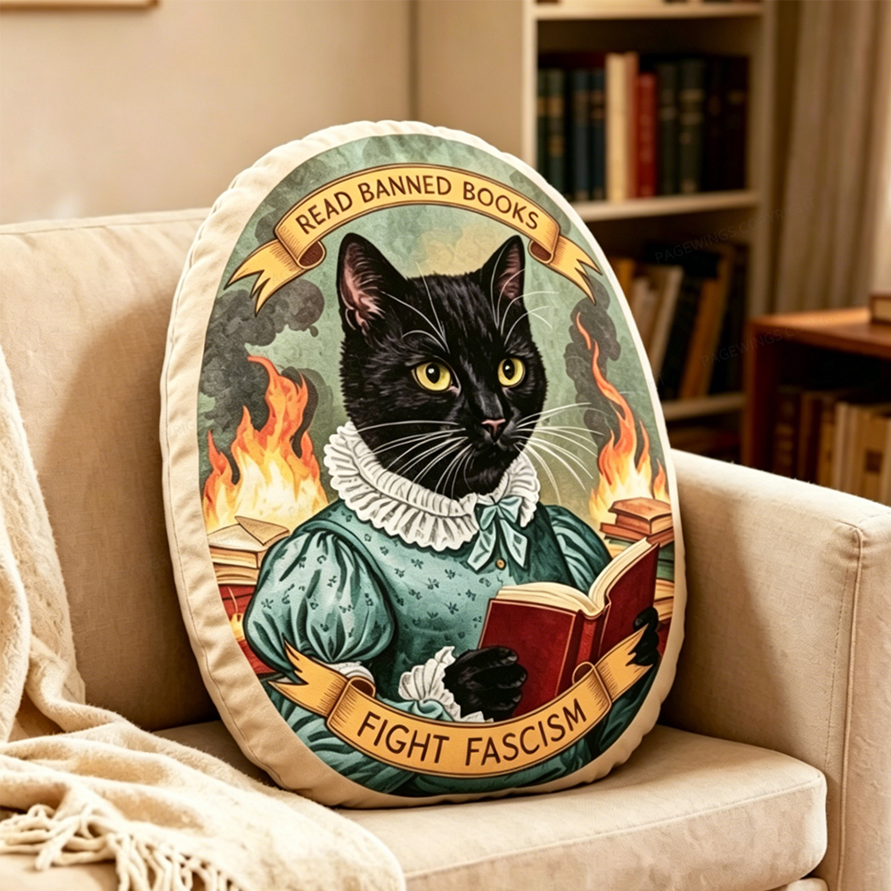 Pagewings Read Banned Books Cat Shaped Throw Pillow