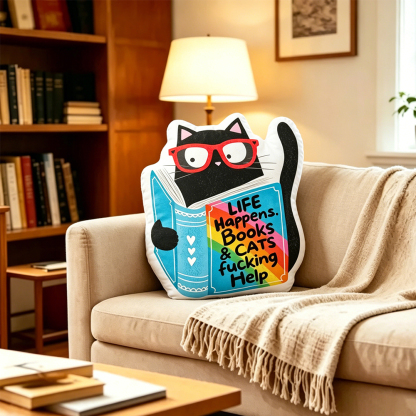 Pagewings Bookish Cats Shaped Throw Pillow