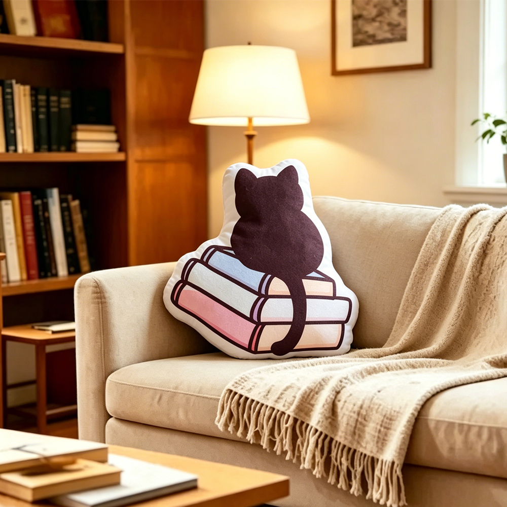 Pagewings Bookish Cats Shaped Throw Pillow