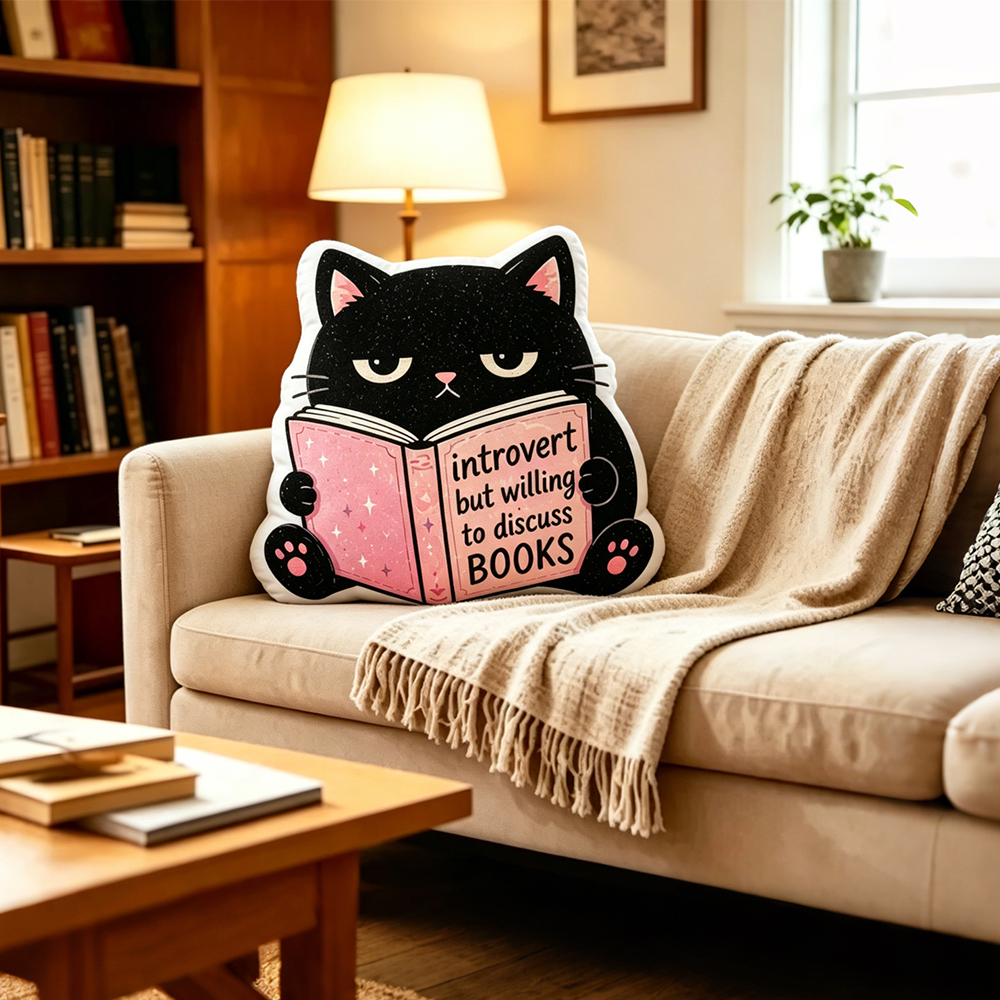 Pagewings Introvert But Willing to Discuss Books Cat  Shaped Throw Pillow
