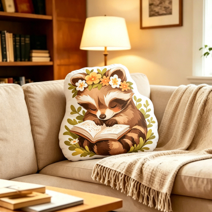 Pagewings Floral Raccoon Reading Shaped Throw Pillow