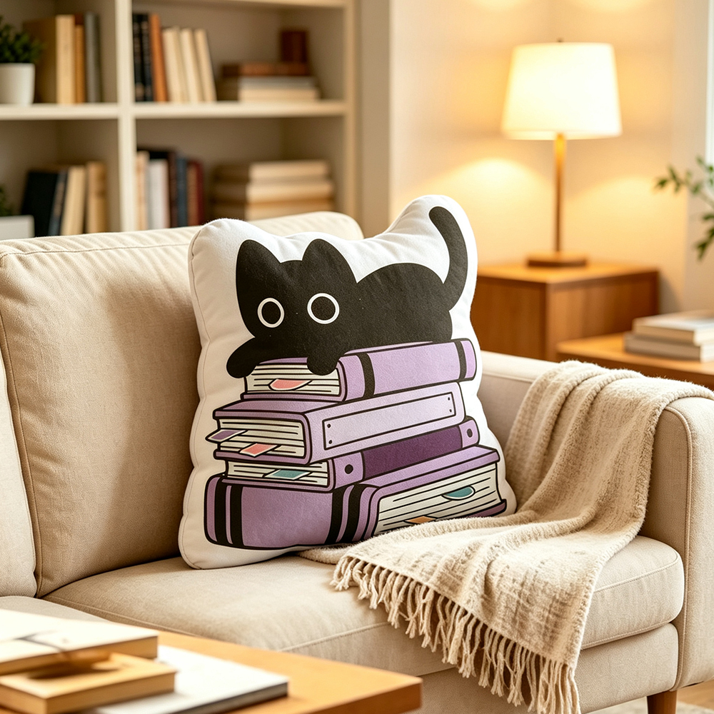 Pagewings Reading Cat Shaped Throw Pillow