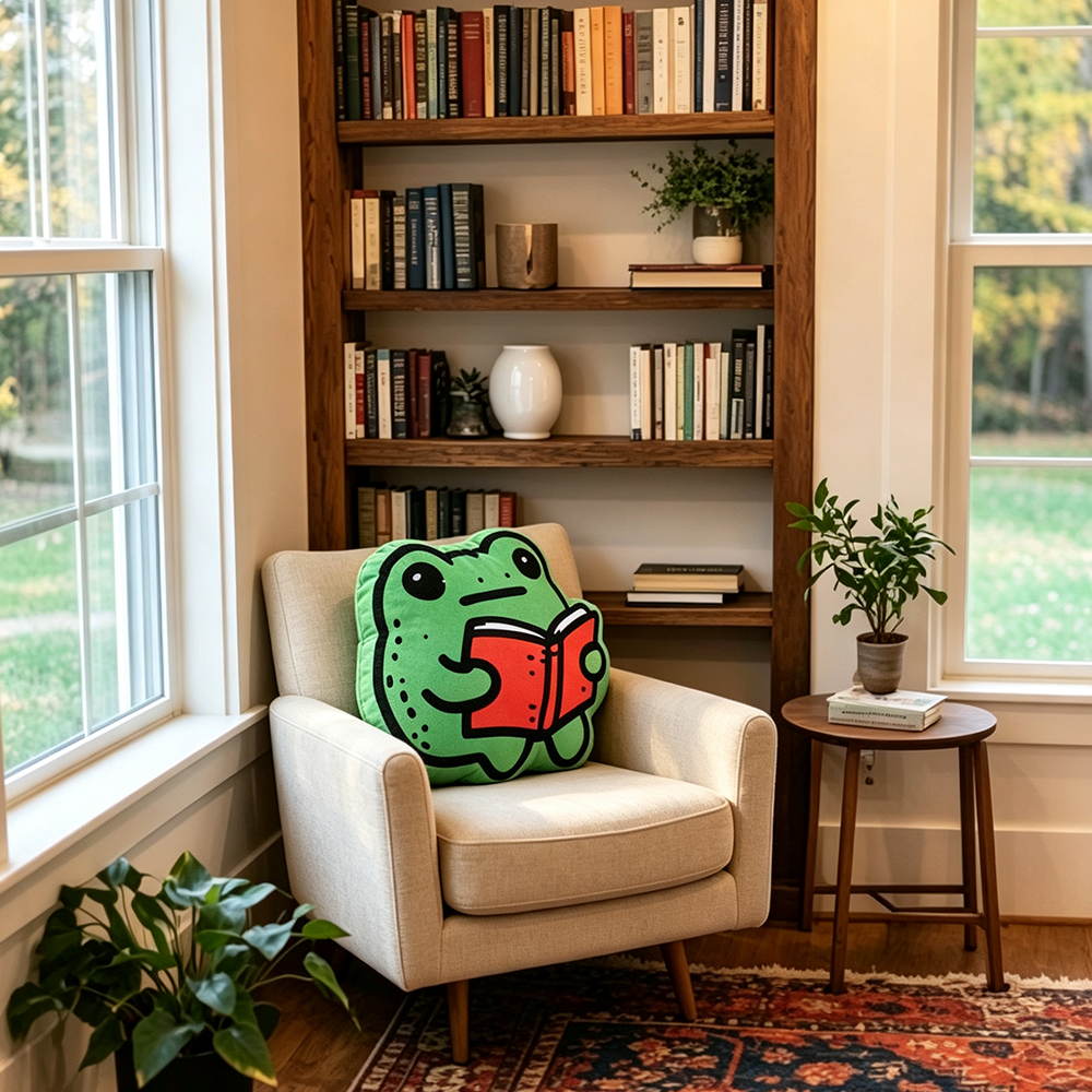 Pagewings Frog Reading a Book Shaped Throw Pillow