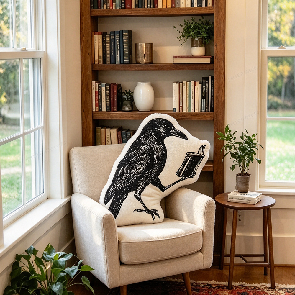 Pagewings The Reading Raven Shaped Throw Pillow