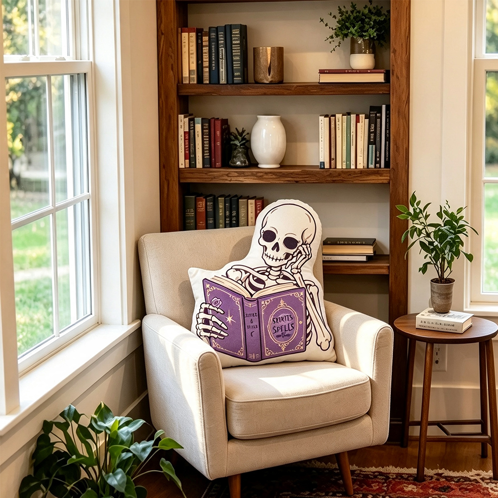 Pagewings Skeleton Reading Shaped Throw Pillow