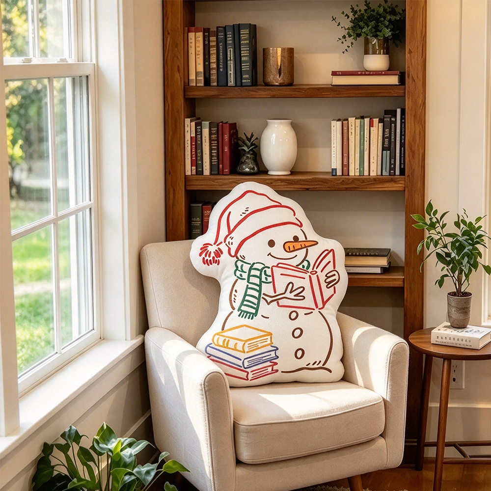 Pagewings Reading Snowman Christmas Shaped Throw Pillow