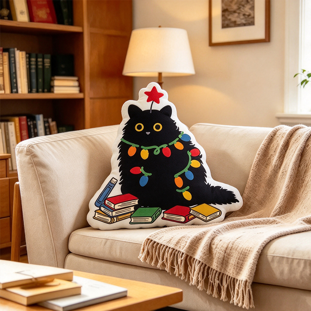 Pagewings Cat Booksmas Shaped Throw Pillow