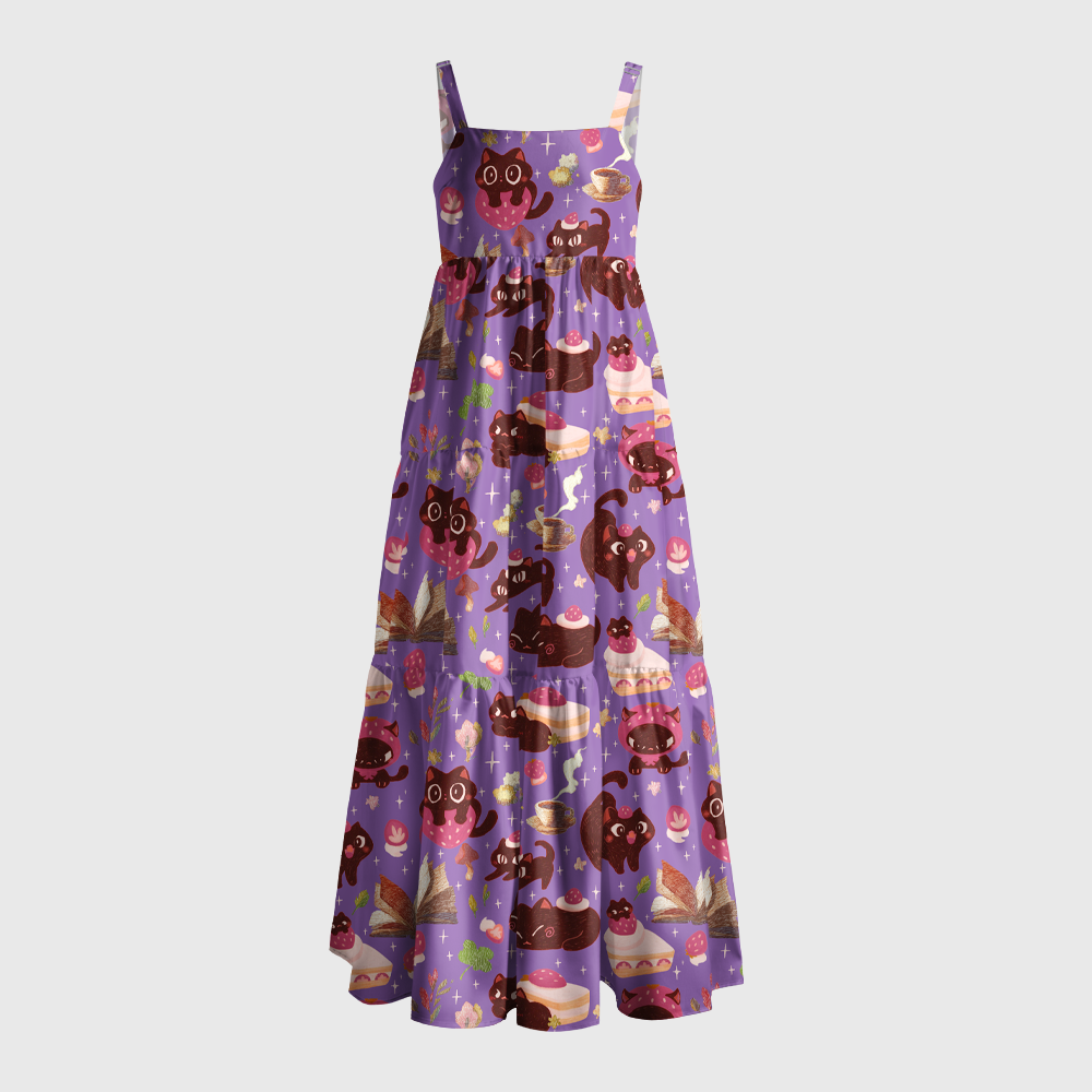 Pagewings Square Neck Sweet Treat Cat Books Maxi Dress
