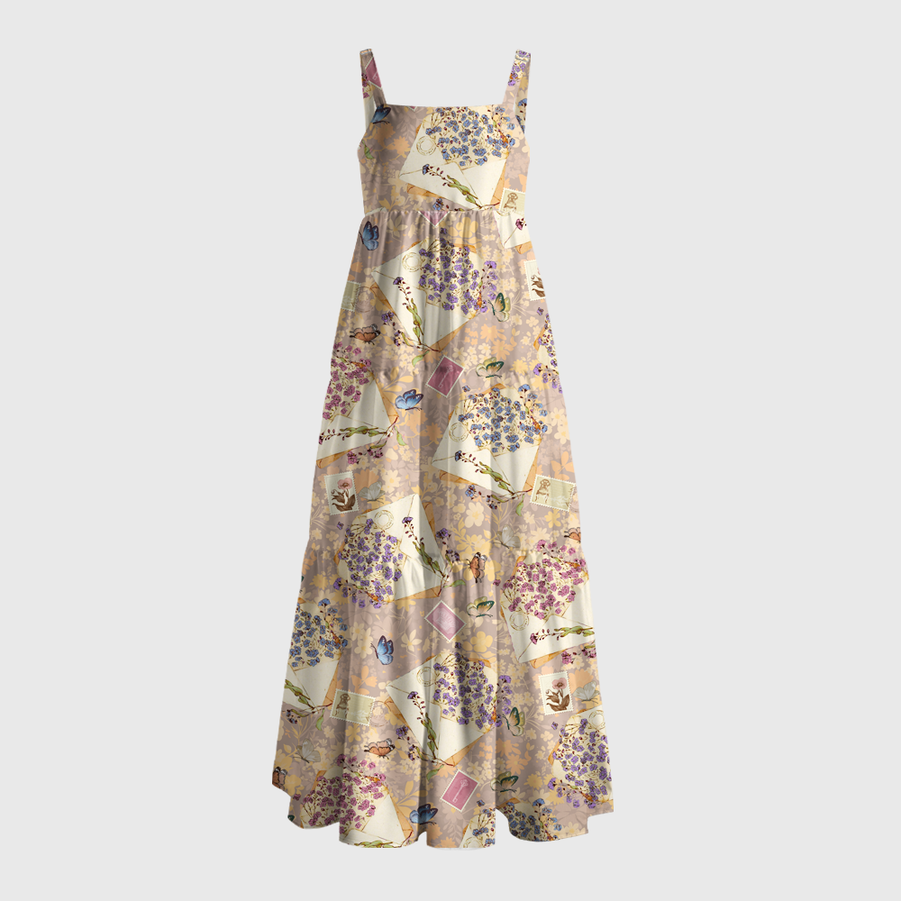 Pagewings Square Neck Vintage Floral Envelope Butterfly Maxi Dress