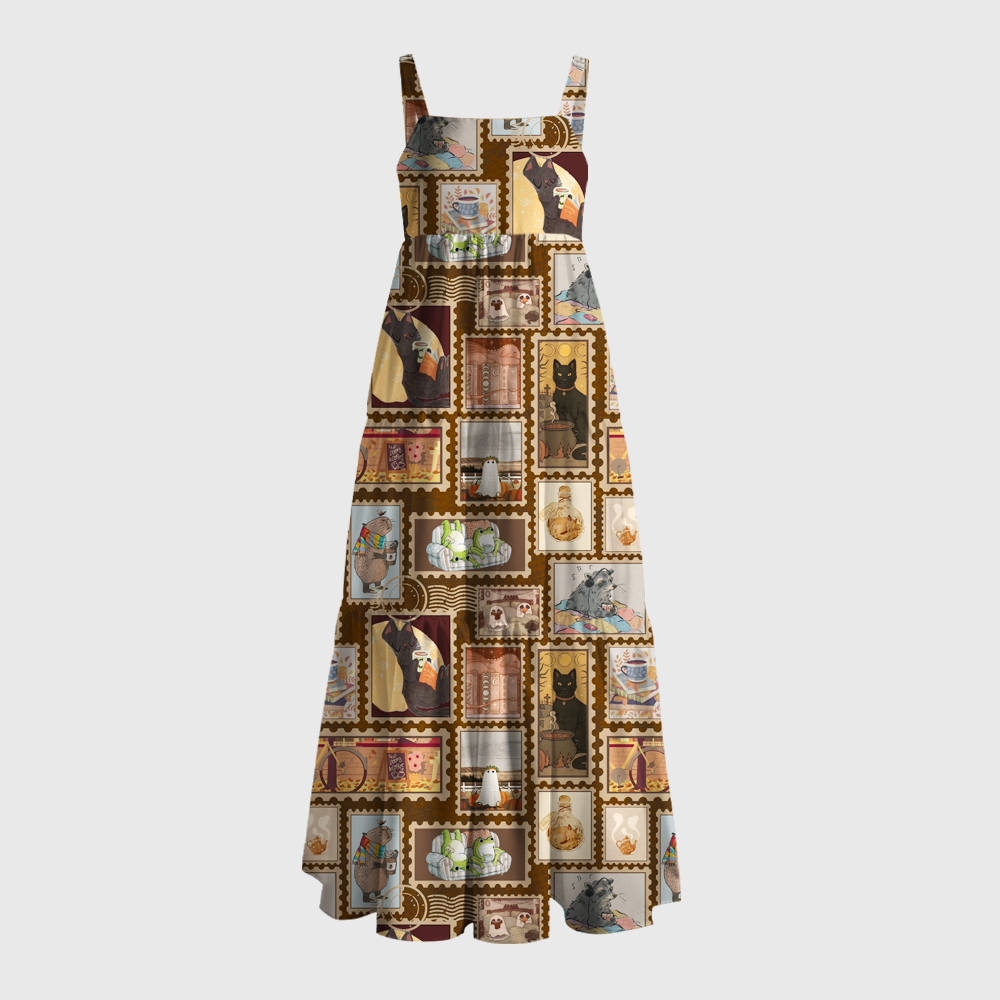 Pagewings Square Neck Retro Animal Reading Maxi Dress