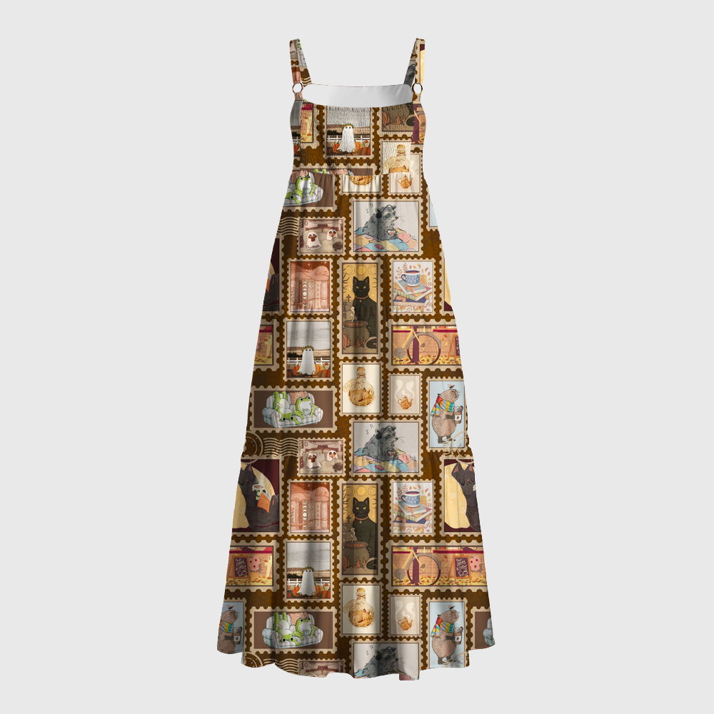 Pagewings Square Neck Retro Animal Reading Maxi Dress