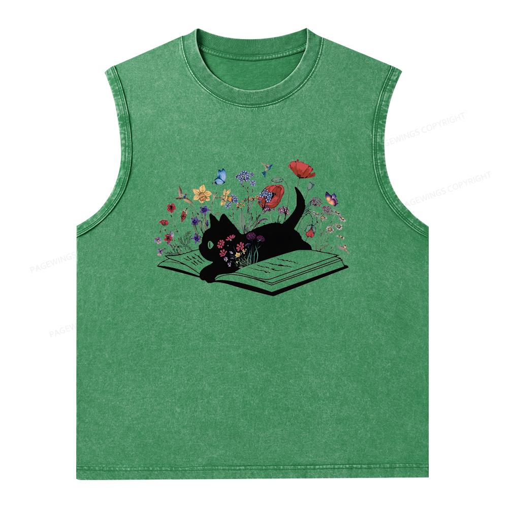 Pagewings Cute Book Cat Unisex Washed Tank Top