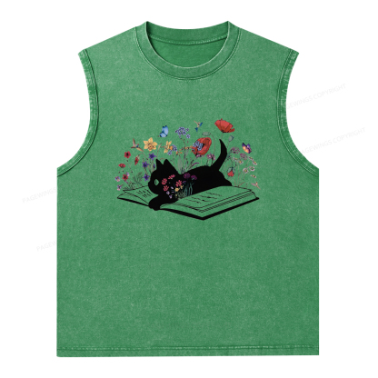 Pagewings Cute Book Cat Unisex Washed Tank Top