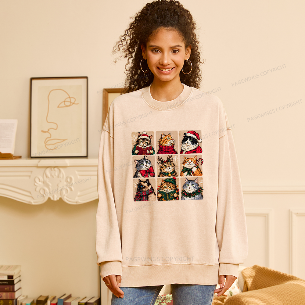 Pagewings Christmas Cats Unisex Washed Sweatshirt