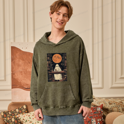 Pagewings Halloween Ghost Books Coffee Unisex Washed Hoodie